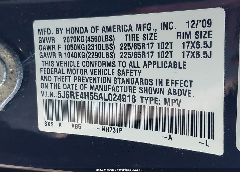 2010 HONDA CR-V VIN: 5J6RE4H55AL024918