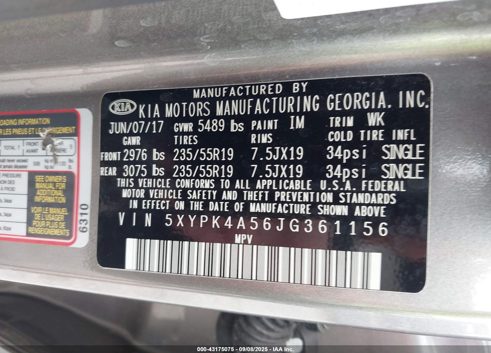 2018 KIA SORENTO VIN: 5XYPK4A56JG361156