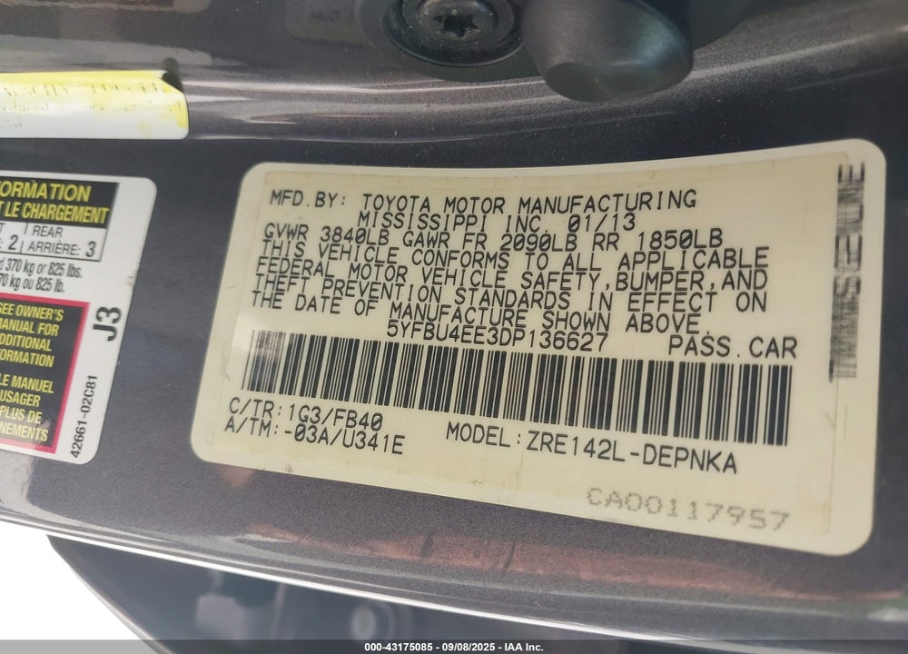 2013 TOYOTA COROLLA VIN: 5YFBU4EE3DP136627