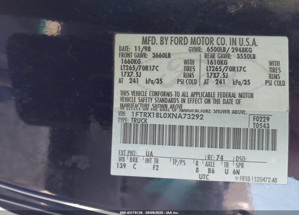 1999 FORD F-150 LARIAT/XL/XLT VIN: 1FTRX18L0XNA73292