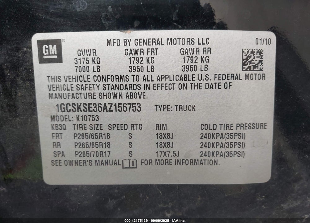 2010 CHEVROLET SILVERADO 1500 VIN: 1GCSKSE36AZ156753