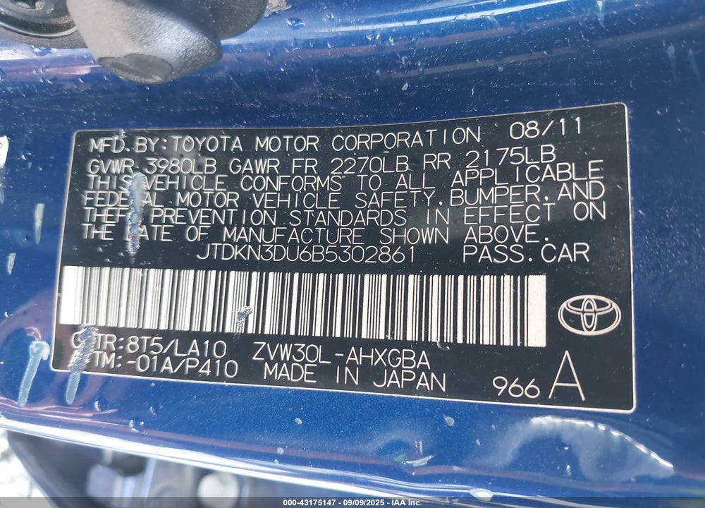 2011 TOYOTA PRIUS VIN: JTDKN3DU6B5302861