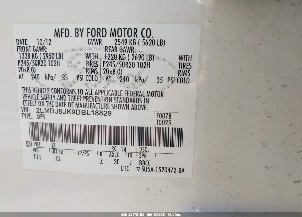 2013 LINCOLN MKX VIN: 2LMDJ8JK9DBL18829