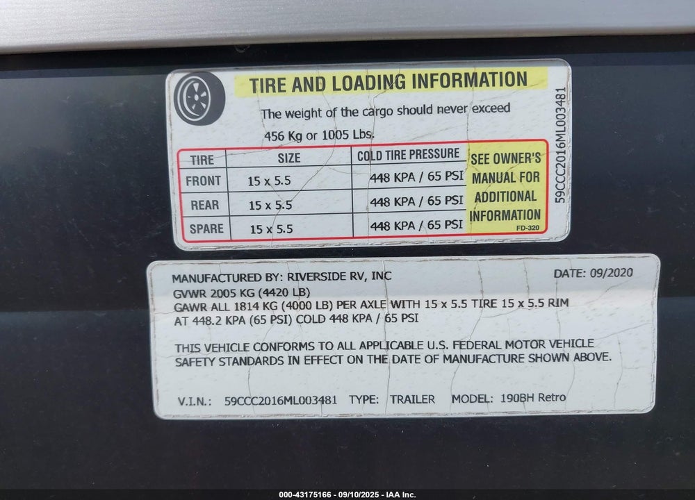 2021 RIVERSIDE TRAVEL TRAILER VIN: 59CCC2016ML003481