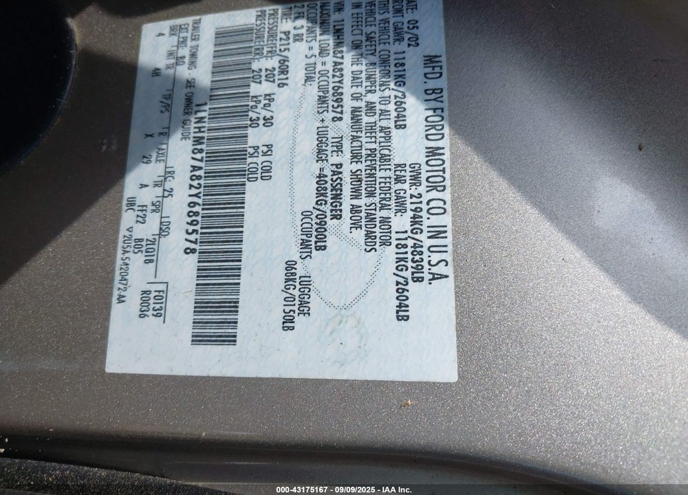 2002 LINCOLN LS V8 AUTO VIN: 1LNHM87A82Y689578