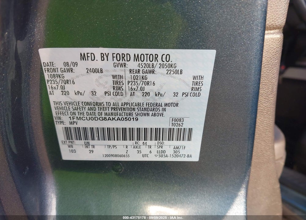 2010 FORD ESCAPE VIN: 1FMCU0DG8AKA05019