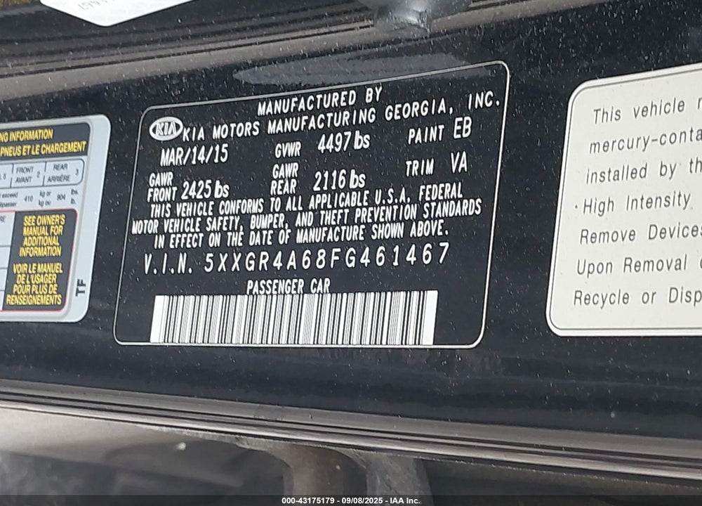 2015 KIA OPTIMA VIN: 5XXGR4A68FG461467