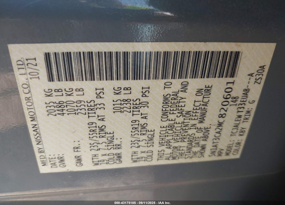 2021 NISSAN ROGUE SL FWD VIN: 5N1AT3CA2MC820601