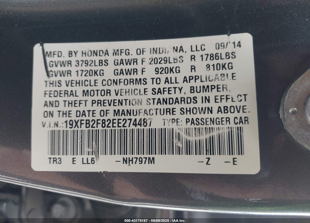 2014 HONDA CIVIC VIN: 19XFB2F82EE274487