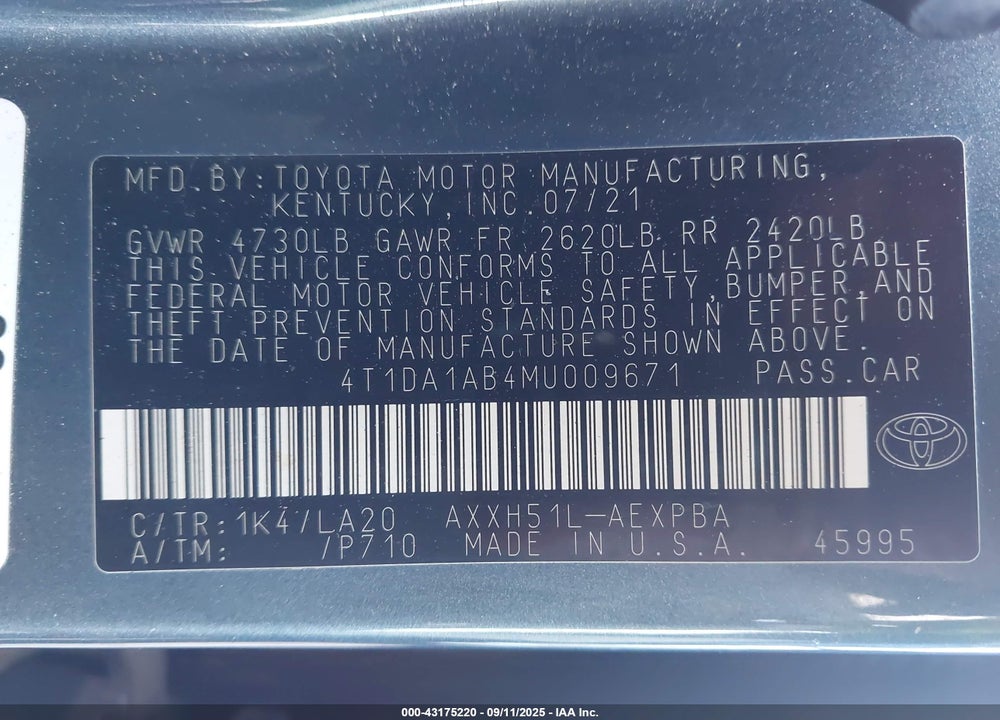 2021 TOYOTA AVALON LIMITED HYBRID VIN: 4T1DA1AB4MU009671