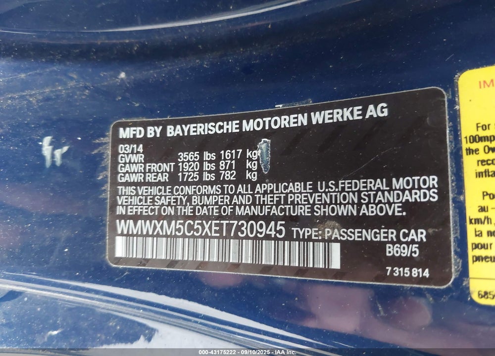 2014 MINI COOPER VIN: WMWXM5C5XET730945