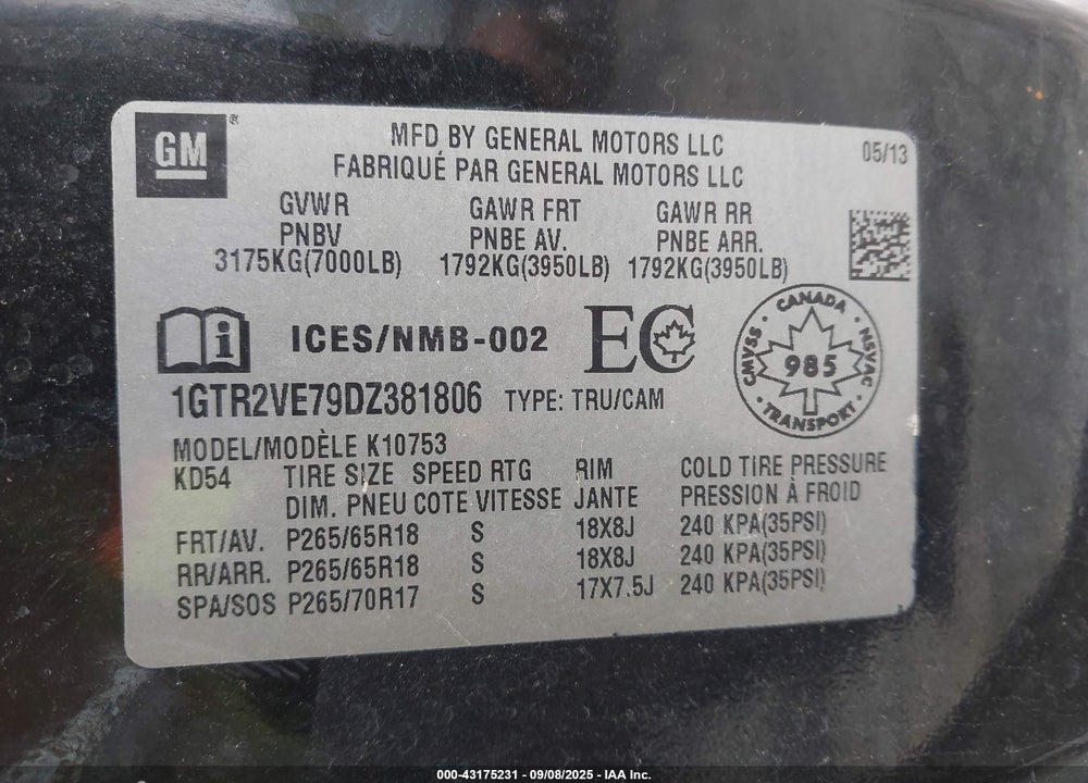 2013 GMC SIERRA 1500 VIN: 1GTR2VE79DZ381806