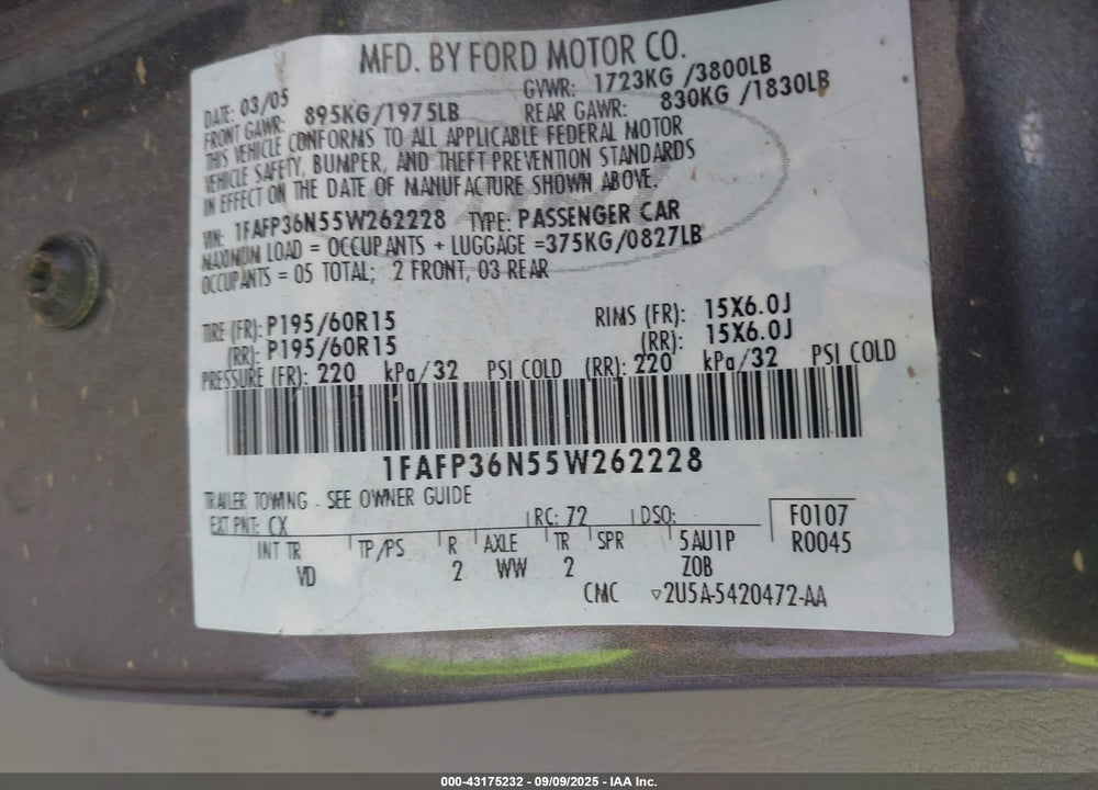 2005 FORD FOCUS ZXW VIN: 1FAFP36N55W262228