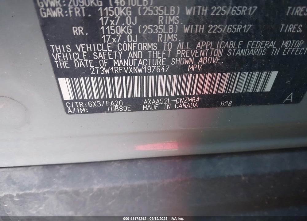 2022 TOYOTA RAV4 XLE VIN: 2T3W1RFVXNW197647