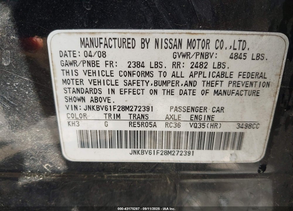 2008 INFINITI G35X VIN: JNKBV61F28M272391