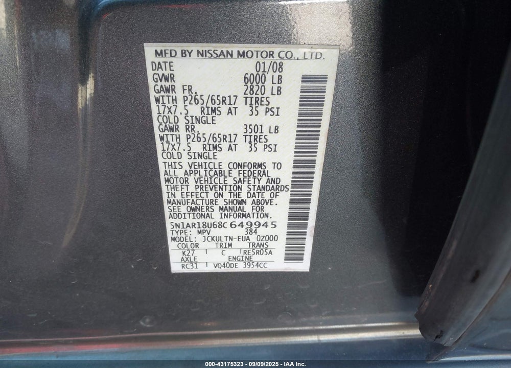 2008 NISSAN PATHFINDER VIN: 5N1AR18U68C649945