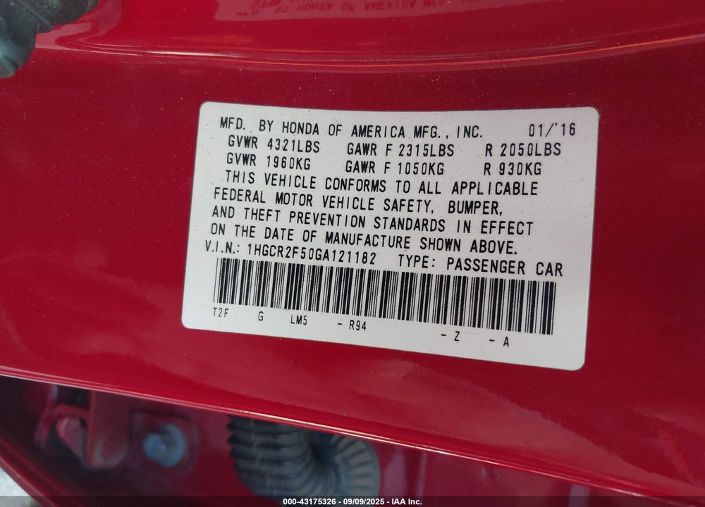 2016 HONDA ACCORD VIN: 1HGCR2F50GA121182