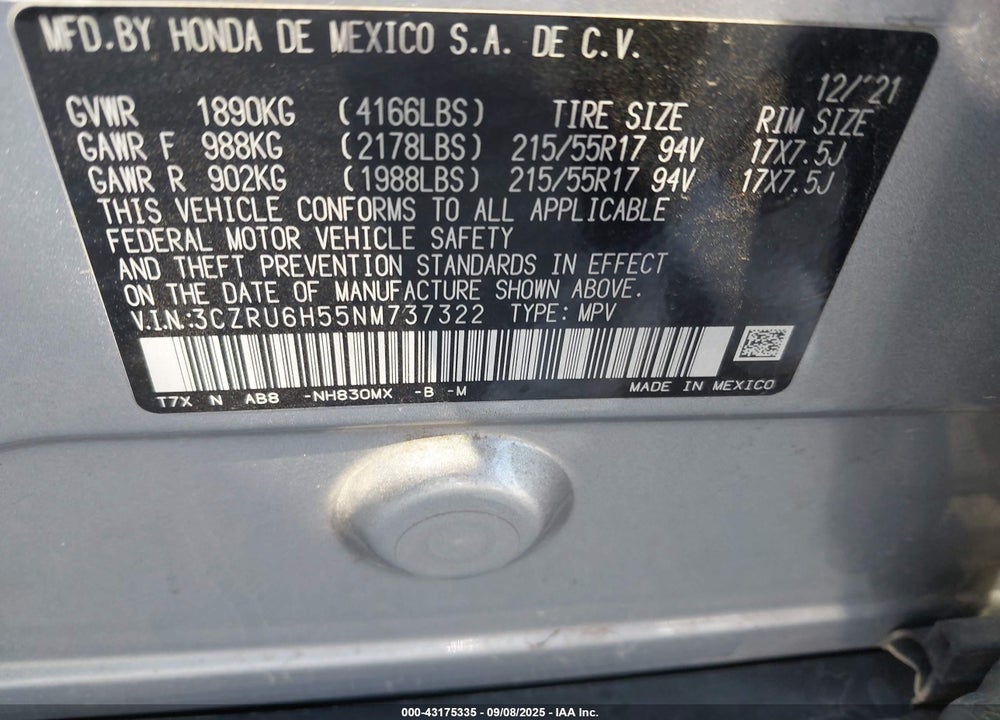 2022 HONDA HR-V VIN: 3CZRU6H55NM737322