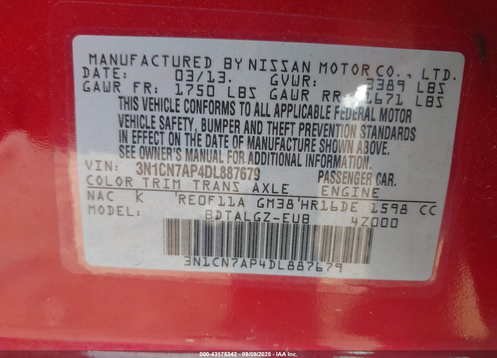 2013 NISSAN VERSA VIN: 3N1CN7AP4DL887679