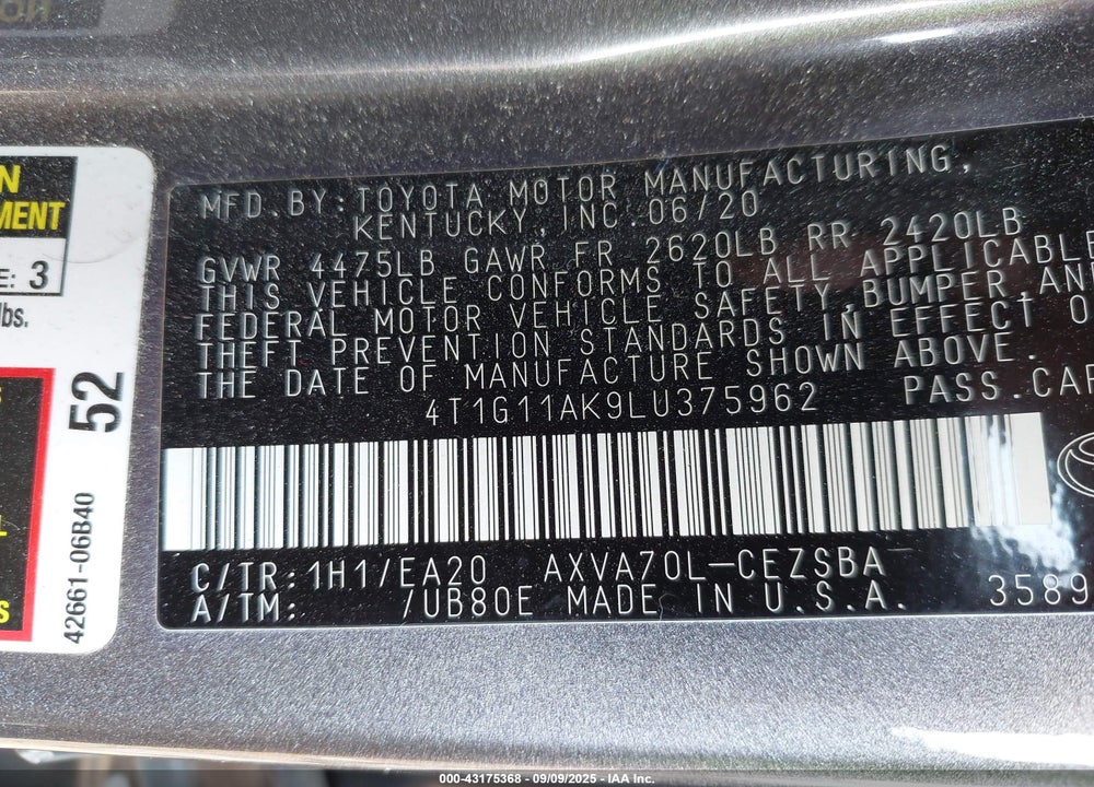 2020 TOYOTA CAMRY VIN: 4T1G11AK9LU375962