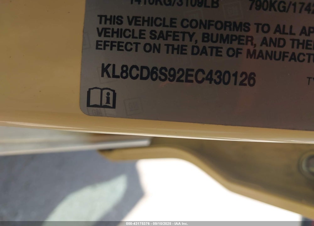 2014 CHEVROLET SPARK VIN: KL8CD6S92EC430126