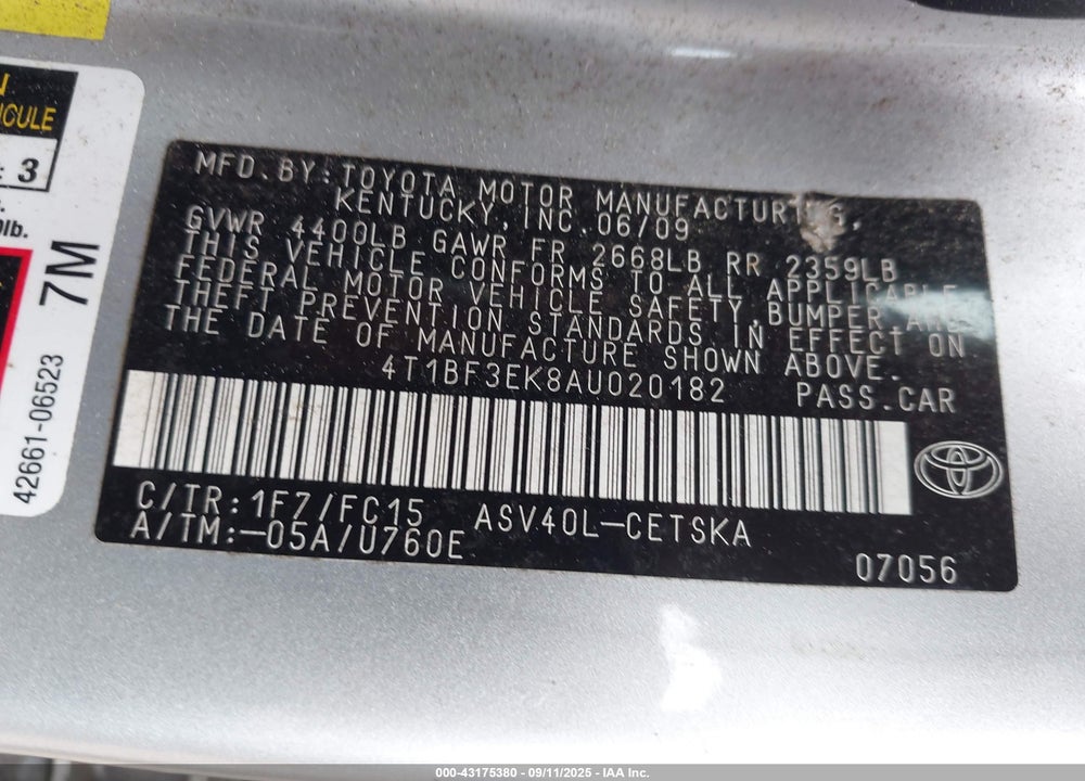 2010 TOYOTA CAMRY VIN: 4T1BF3EK8AU020182