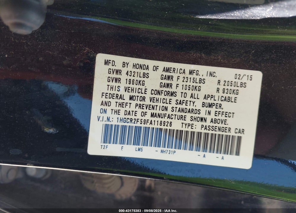 2015 HONDA ACCORD VIN: 1HGCR2F59FA118926