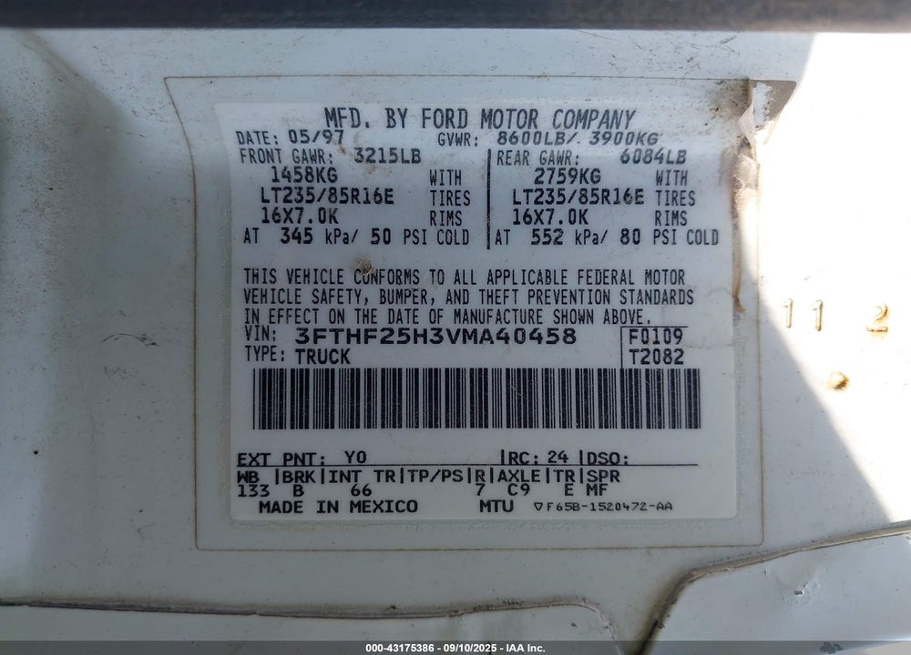 1997 FORD F-250 XL VIN: 3FTHF25H3VMA40458