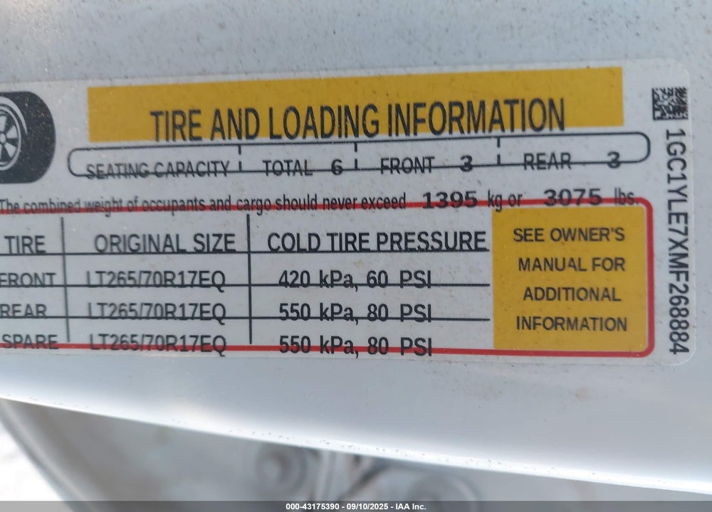 2021 CHEVROLET SILVERADO 2500 VIN: 1GC1YLE7XMF268884