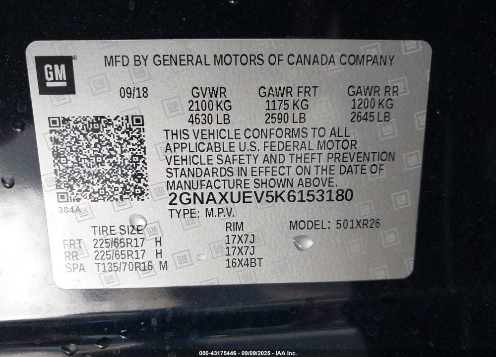 2019 CHEVROLET EQUINOX VIN: 2GNAXUEV5K6153180
