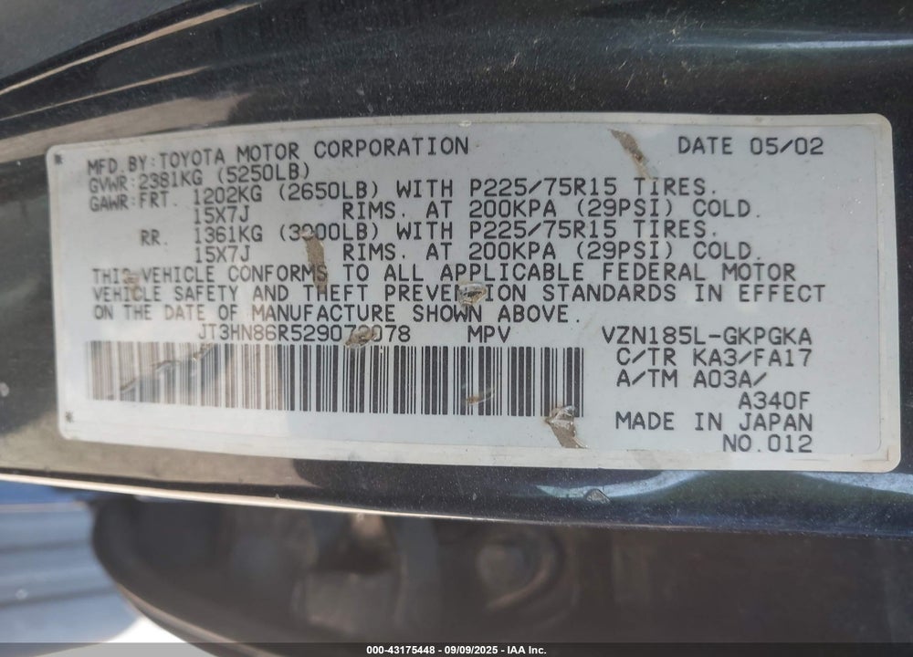 2002 TOYOTA 4RUNNER SR5 V6 VIN: JT3HN86R529072078