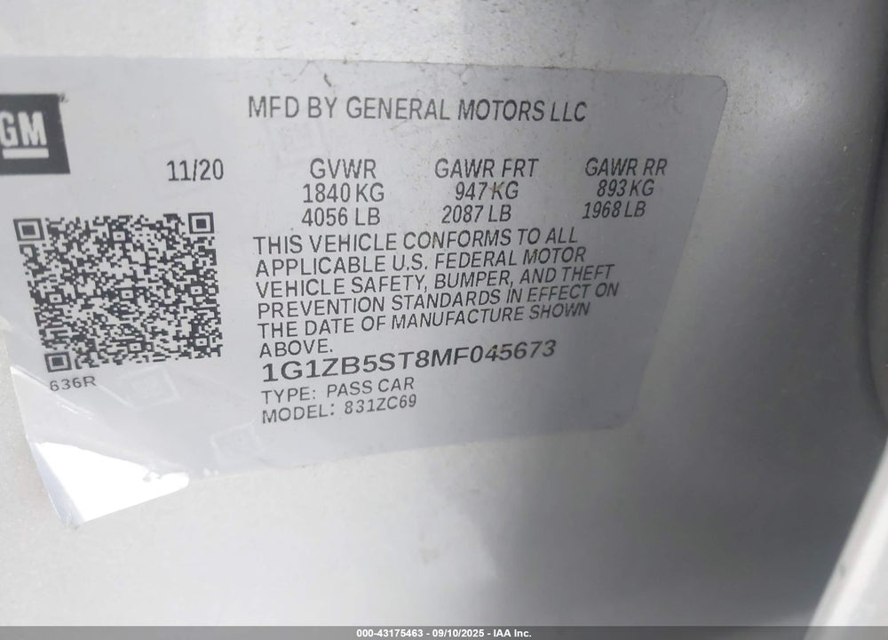 2021 CHEVROLET MALIBU FWD LS VIN: 1G1ZB5ST8MF045673