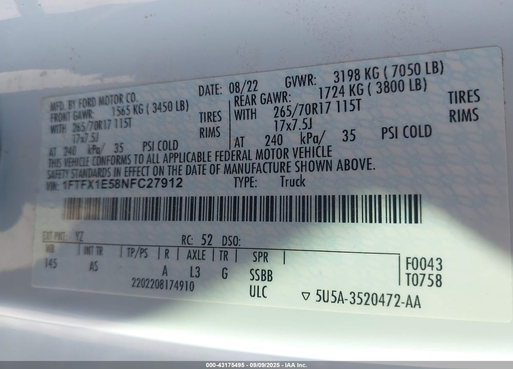 2022 FORD F-150 VIN: 1FTFX1E58NFC27912