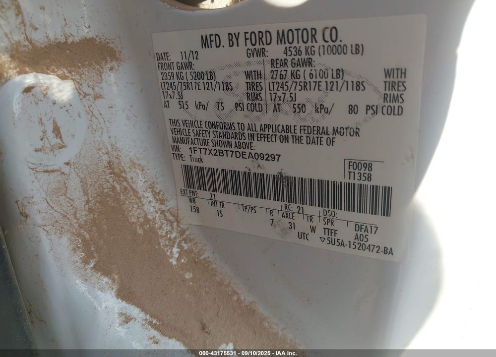 2013 FORD F-250 VIN: 1FT7X2BT7DEA09297