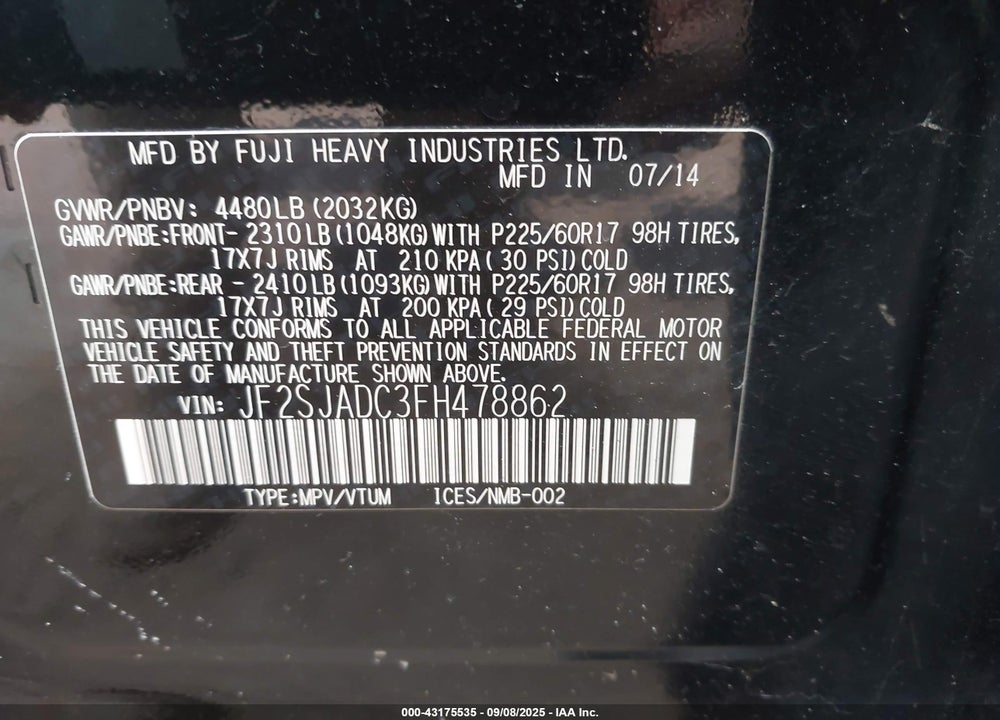 2015 SUBARU FORESTER VIN: JF2SJADC3FH478862