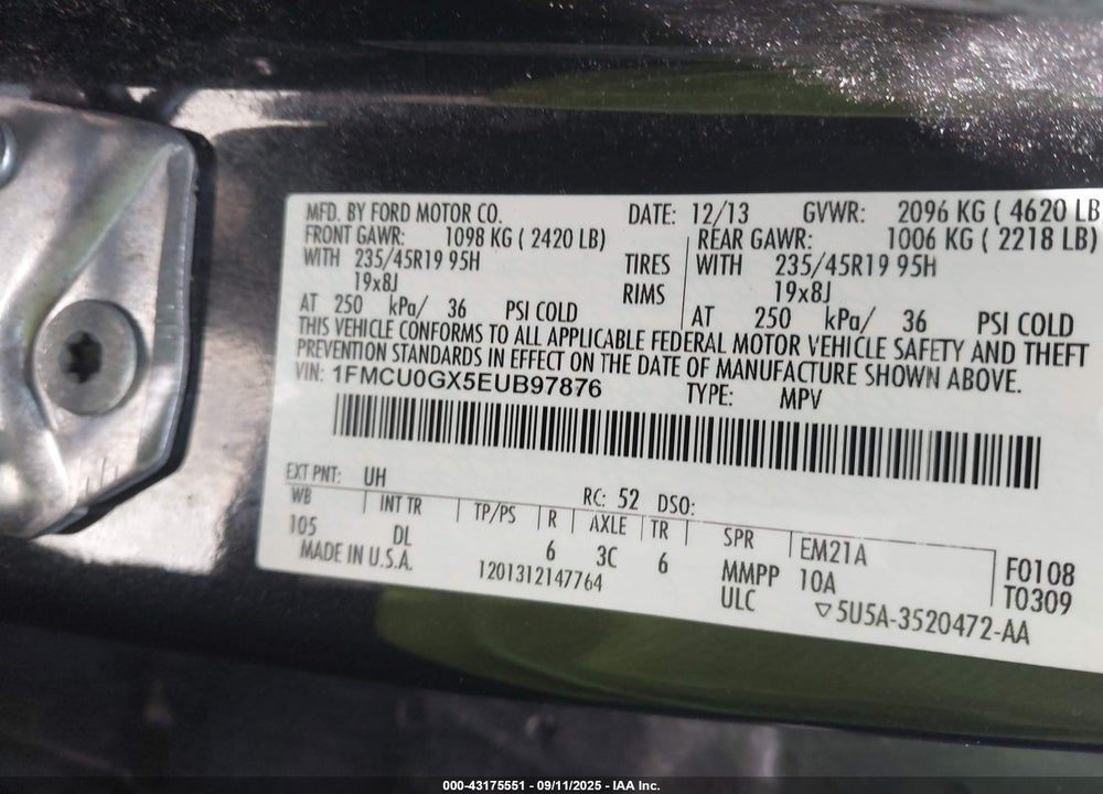 2014 FORD ESCAPE SE VIN: 1FMCU0GX5EUB97876