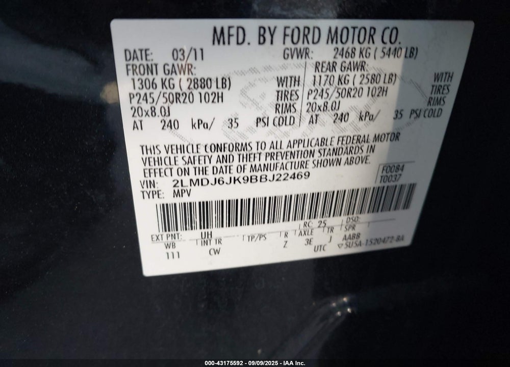 2011 LINCOLN MKX VIN: 2LMDJ6JK9BBJ22469