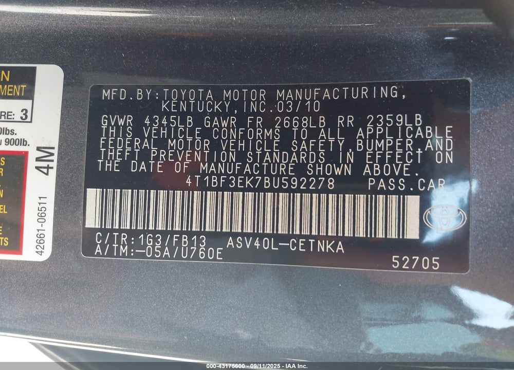 2011 TOYOTA CAMRY LE VIN: 4T1BF3EK7BU592278