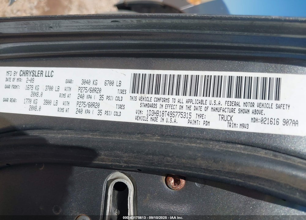 2009 DODGE RAM 1500 VIN: 1D3HB18T49S775315
