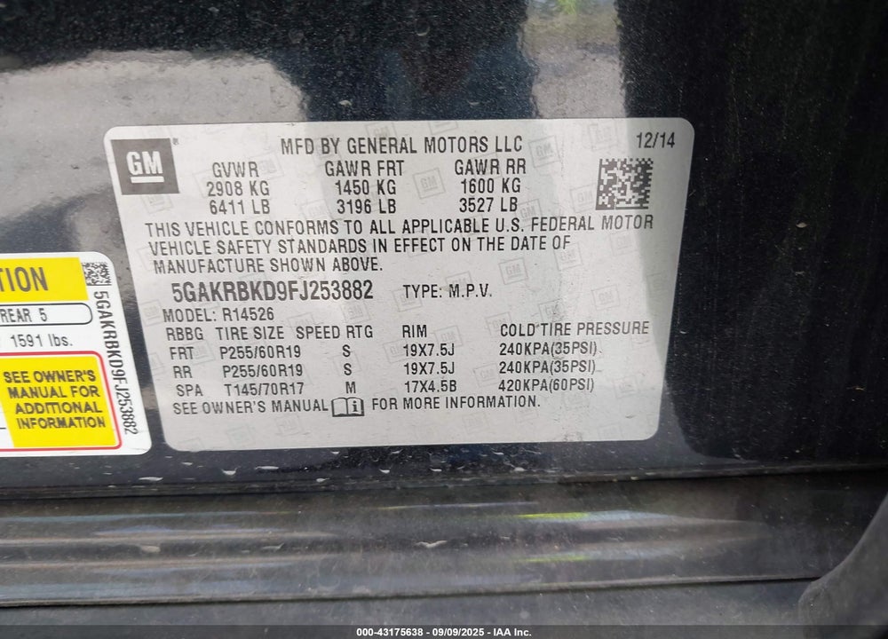 2015 BUICK ENCLAVE VIN: 5GAKRBKD9FJ253882