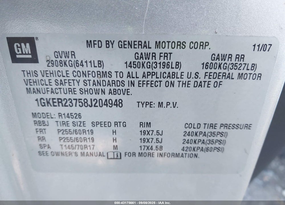 2008 GMC ACADIA VIN: 1GKER23758J204948