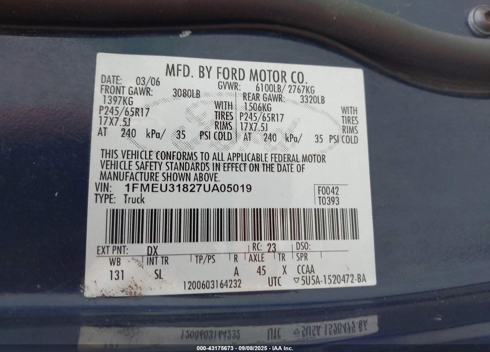 2007 FORD EXPLORER SPORT TRAC VIN: 1FMEU31827UA05019