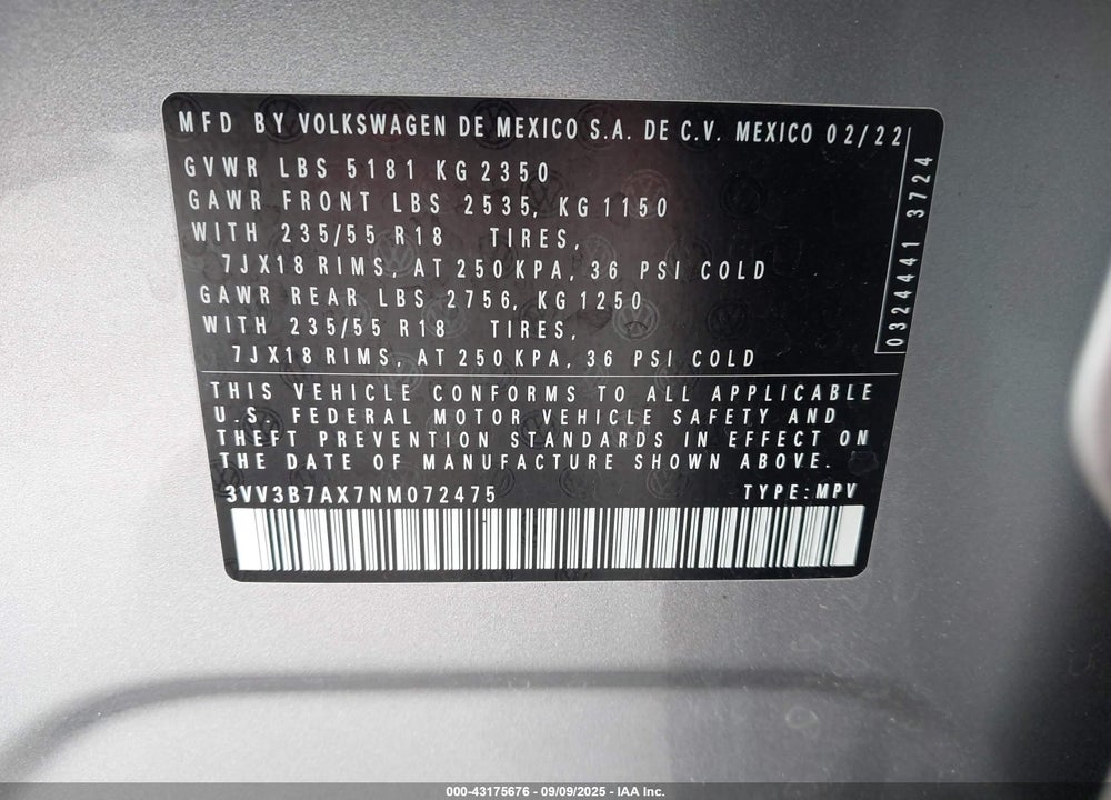 2022 VOLKSWAGEN TIGUAN VIN: 3VV3B7AX7NM072475