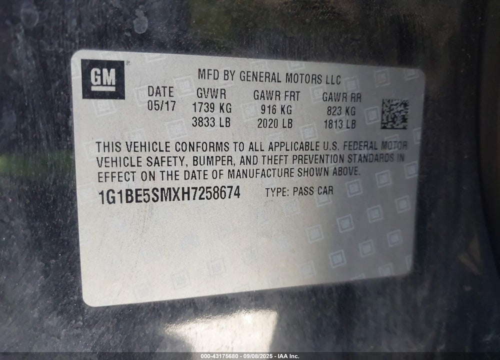 2017 CHEVROLET CRUZE LT AUTO VIN: 1G1BE5SMXH7258674
