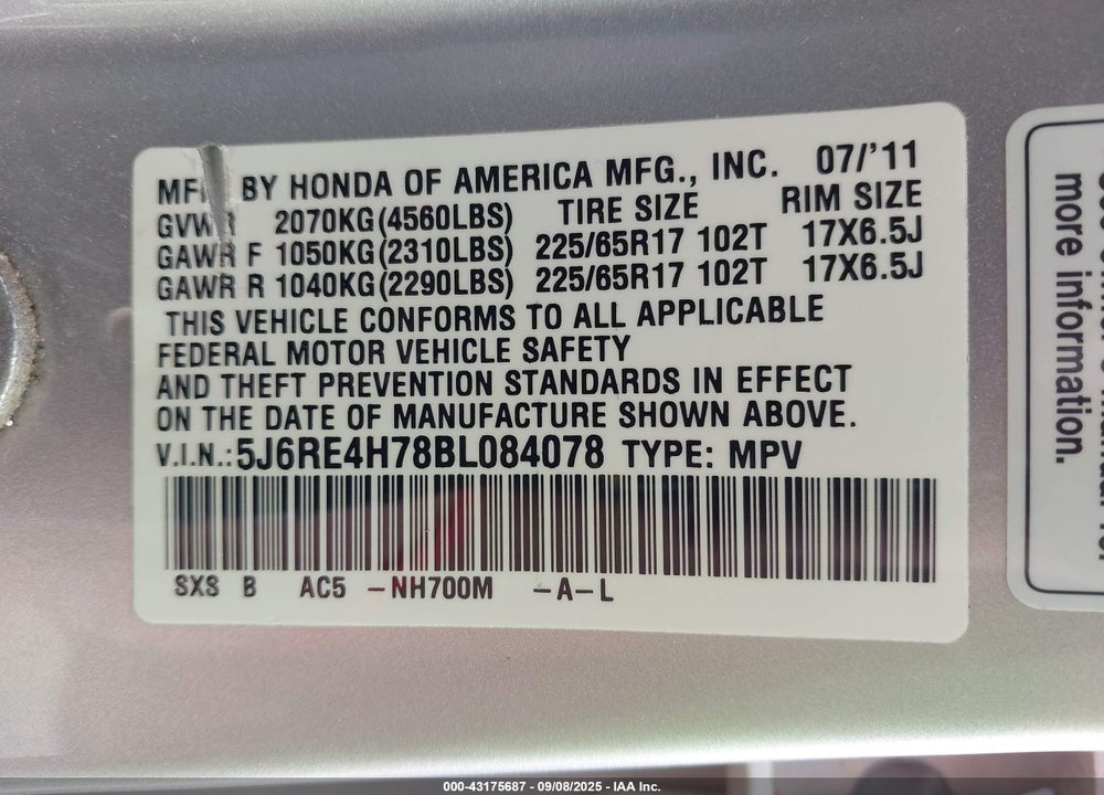 2011 HONDA CR-V EX-L VIN: 5J6RE4H78BL084078