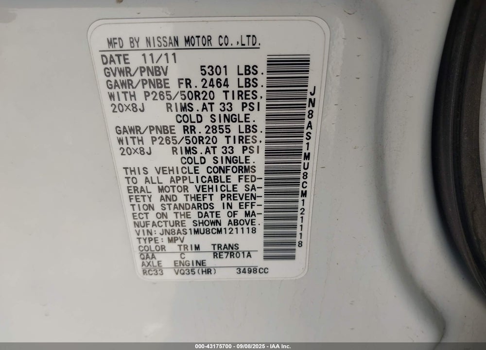 2012 INFINITI FX35 VIN: JN8AS1MU8CM121118