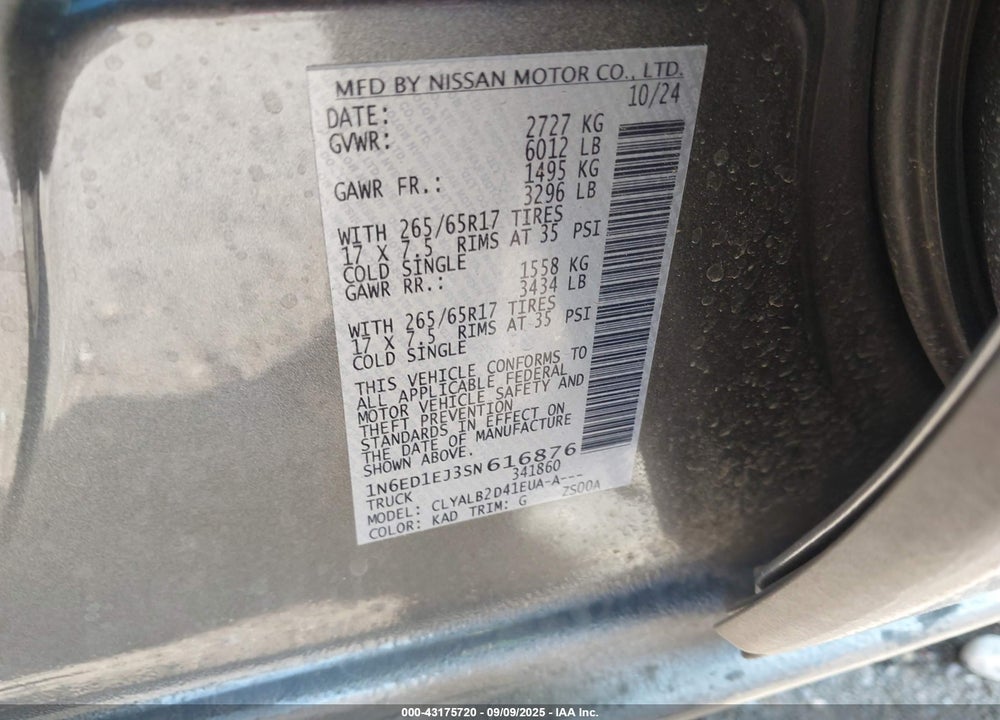 2025 NISSAN FRONTIER SV 4X2 VIN: 1N6ED1EJ3SN616876