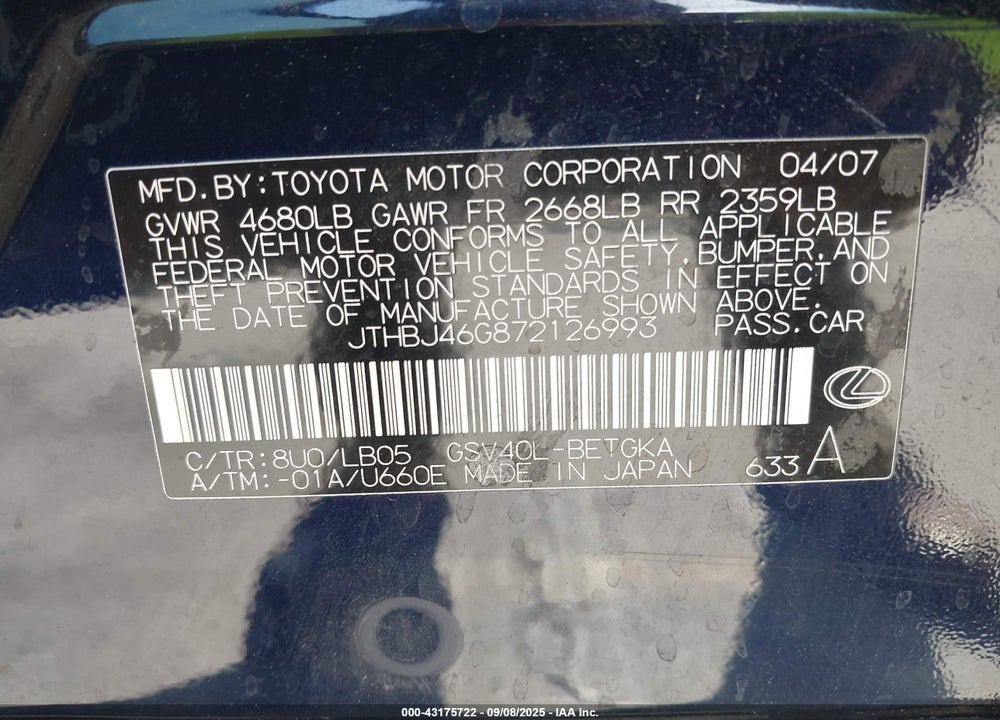 2007 LEXUS ES 350 VIN: JTHBJ46G872126993