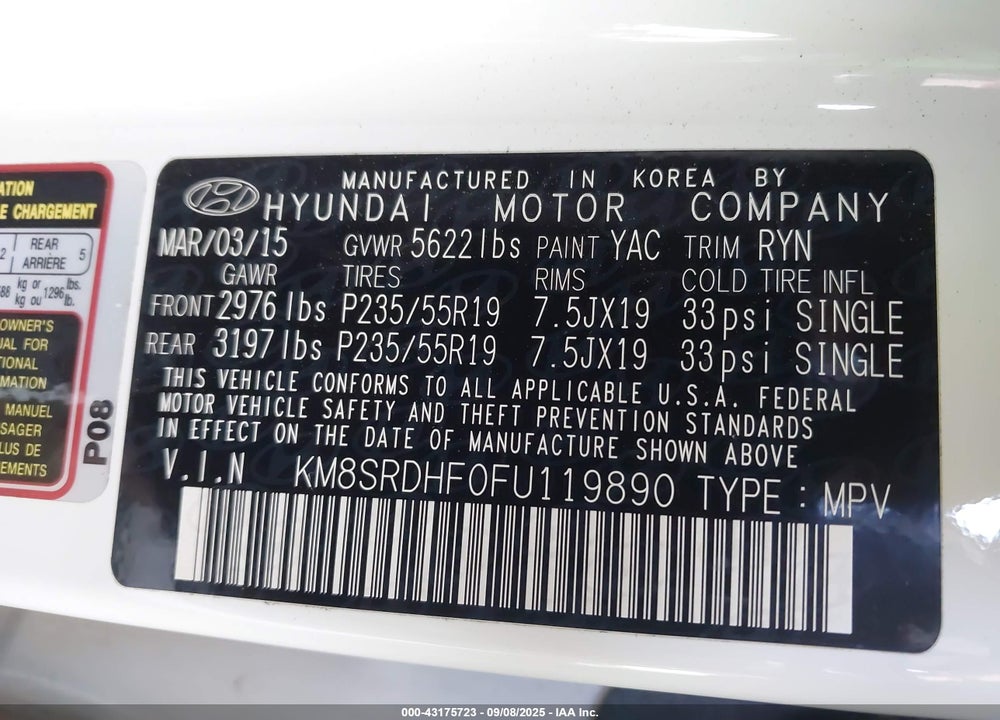 2015 HYUNDAI SANTA FE VIN: KM8SRDHF0FU119890