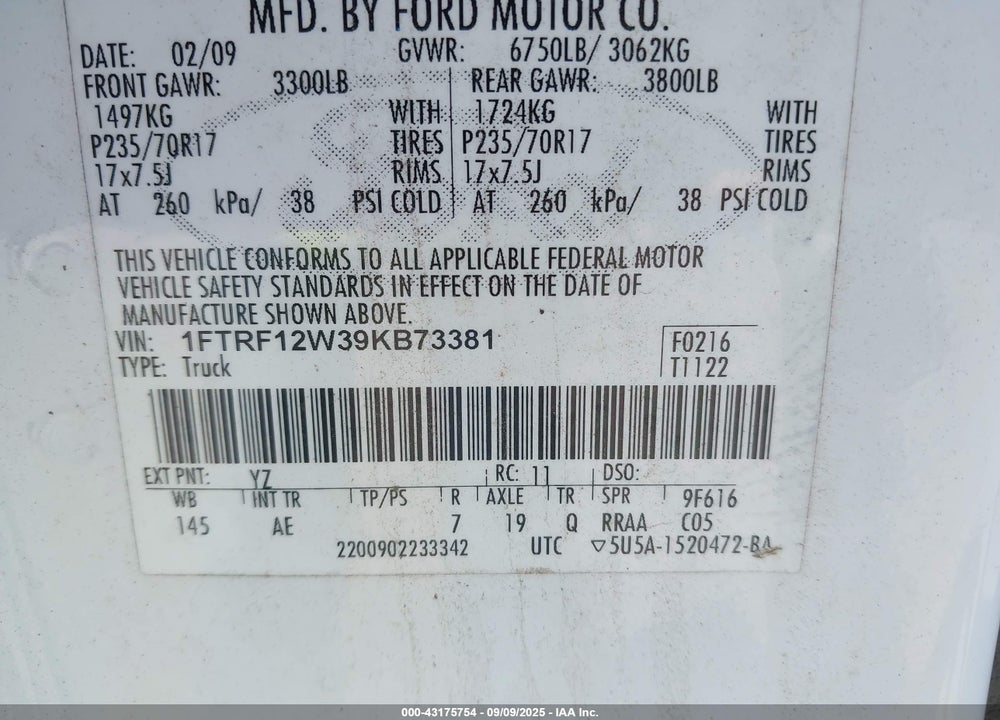 2009 FORD F-150 STX/XL/XLT VIN: 1FTRF12W59KB05888
